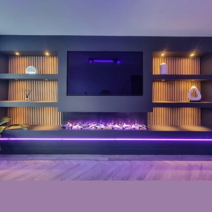 E2000 Icona panoramic 3 sided deep display E2000mm / 79inch wide electric media wall fire App & Alexa controlled