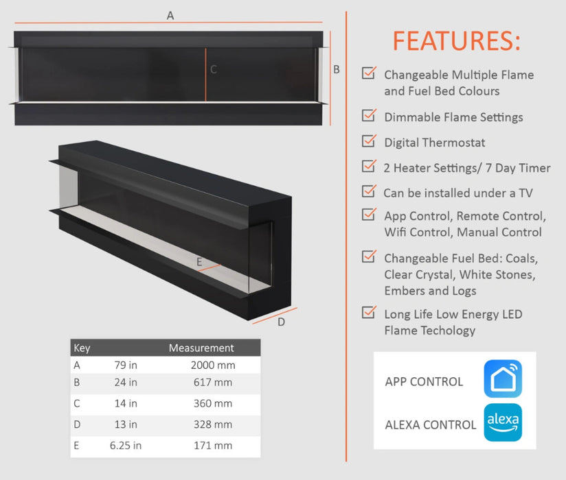 E2000 Icona panoramic 3 sided deep display E2000mm / 79inch wide electric media wall fire App & Alexa controlled
