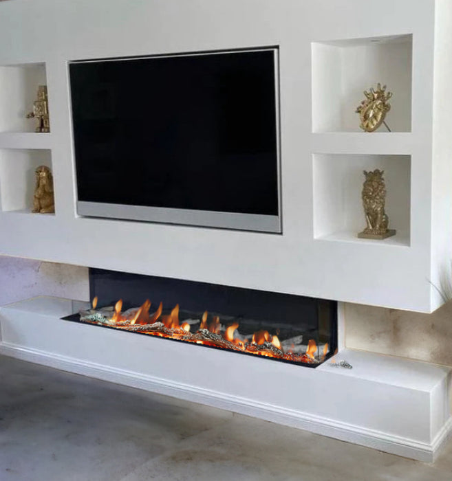 E2000 Icona panoramic 3 sided deep display E2000mm / 79inch wide electric media wall fire App & Alexa controlled