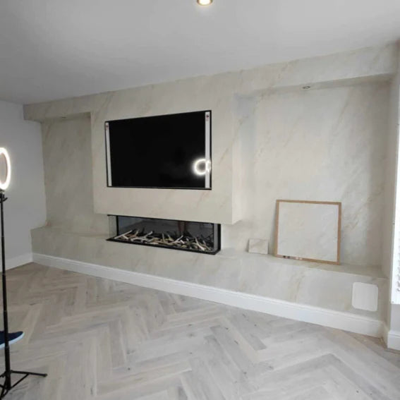 E2000 Icona panoramic 3 sided deep display E2000mm / 79inch wide electric media wall fire App & Alexa controlled